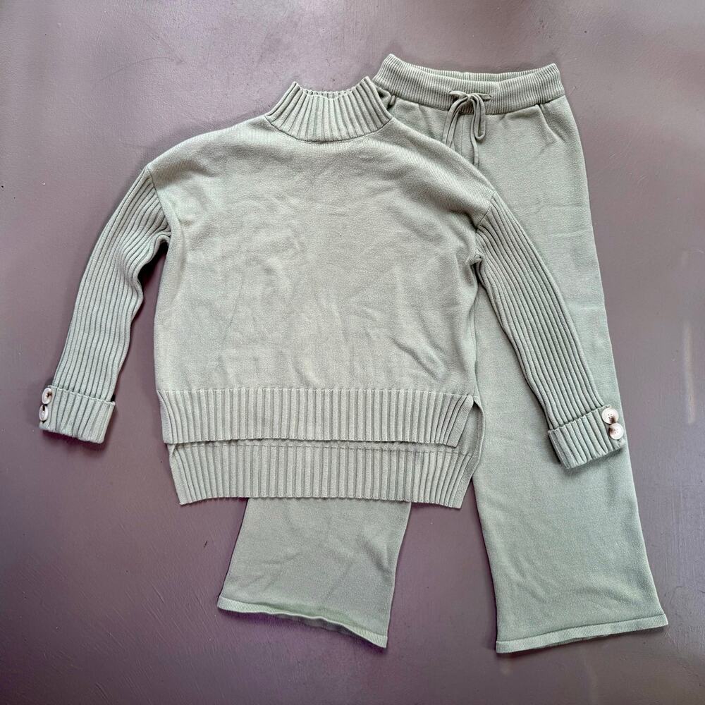 Sage Knit Lounge Set XS Travel Mock Neck Sweater & Wide Leg Pants